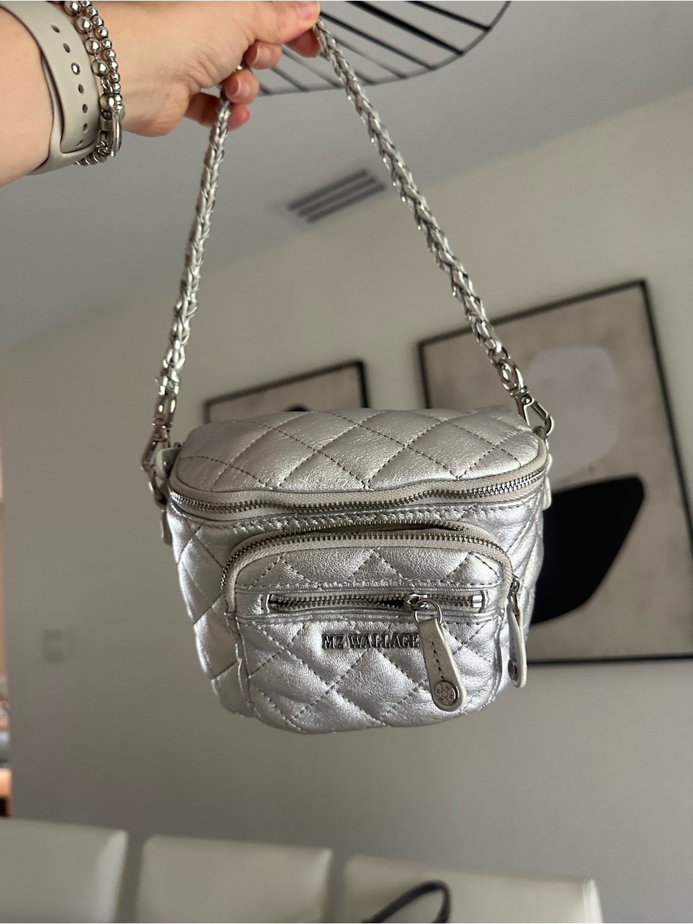 MZ Wallace Metallic Silver Quilted Mini Shoulder Bag